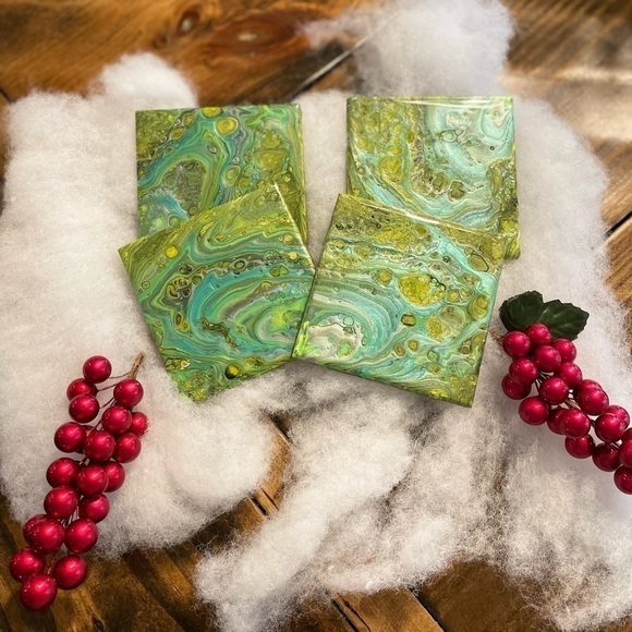 Set of 4 hand painted coasters. Sealed with resin cork backing Blues & greens - Picture 1 of 6